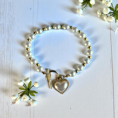 Elegant Pearl & Gold Chain Bracelet with Heart Clasp